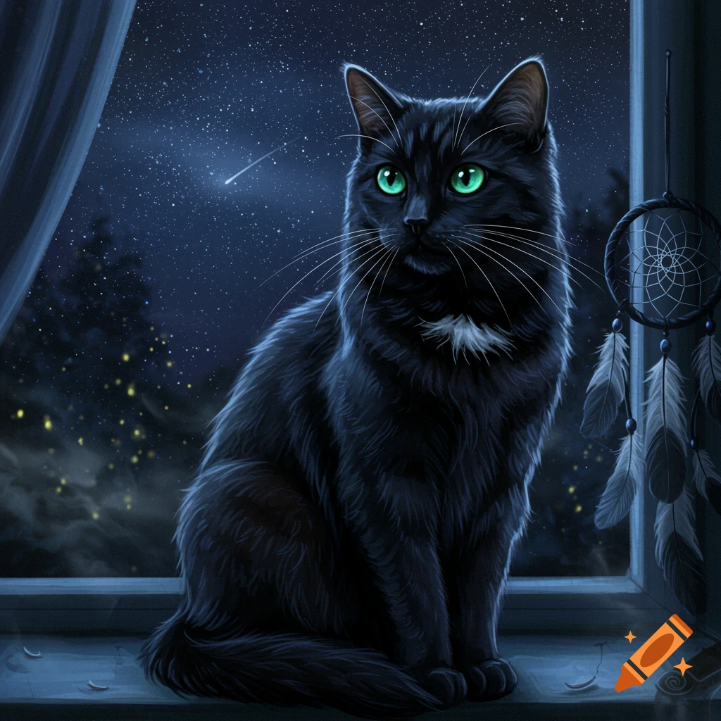 A black cat with luminous green eyes sits on a windowsill, looking out at a starry night sky with a shooting star. A dream catcher hangs nearby.