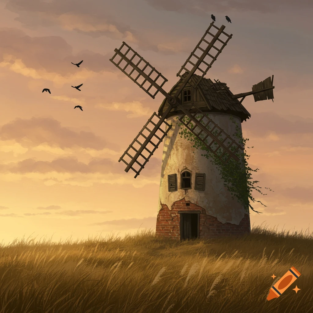 A dilapidated windmill on a grassy hill under an orange sky with birds flying and sitting on its blades, digital painting.