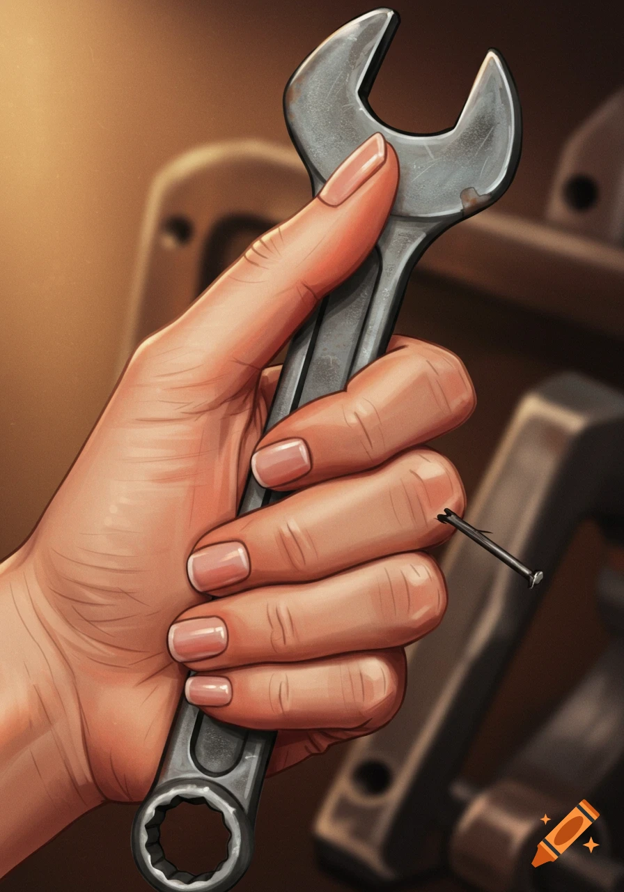A drawing of a woman's hand with a broken nail holding a metal wrench.