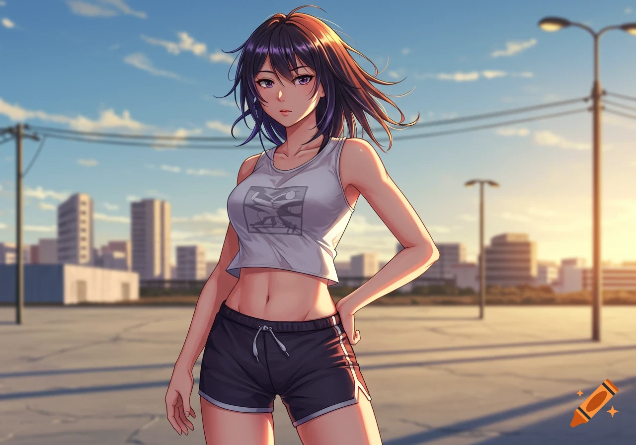 An anime woman in a white crop top and black shorts stands outdoors in an urban setting at sunset.