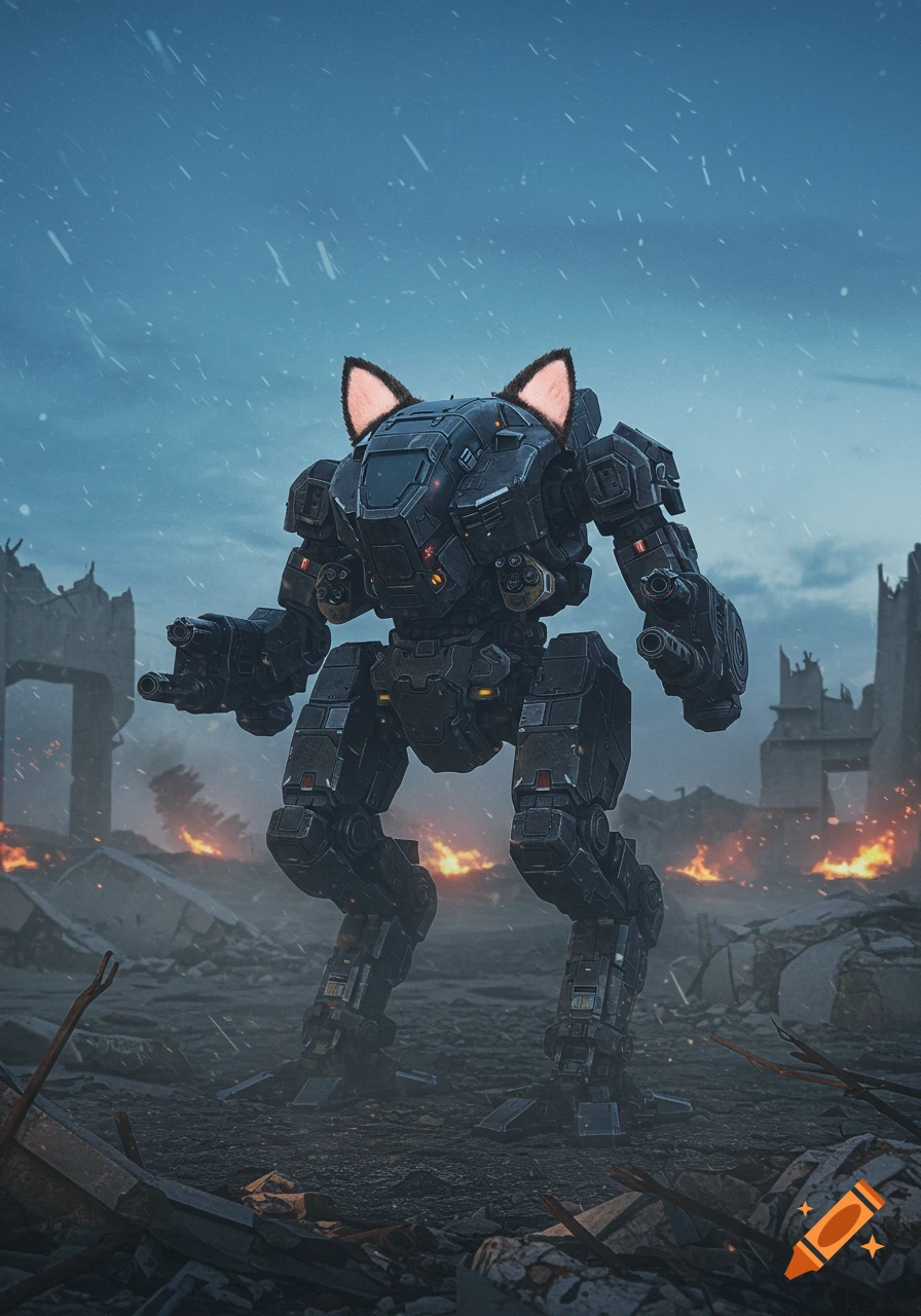 A dark gray battlemech with pink cat ears stands in a ruined, fiery landscape with falling snow.