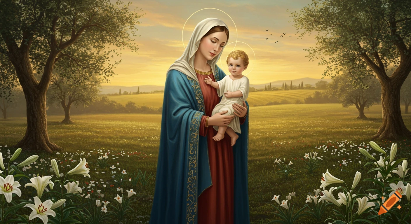 A painting of Virgin Mary holding baby Jesus in a sunlit field with trees and white lilies.
