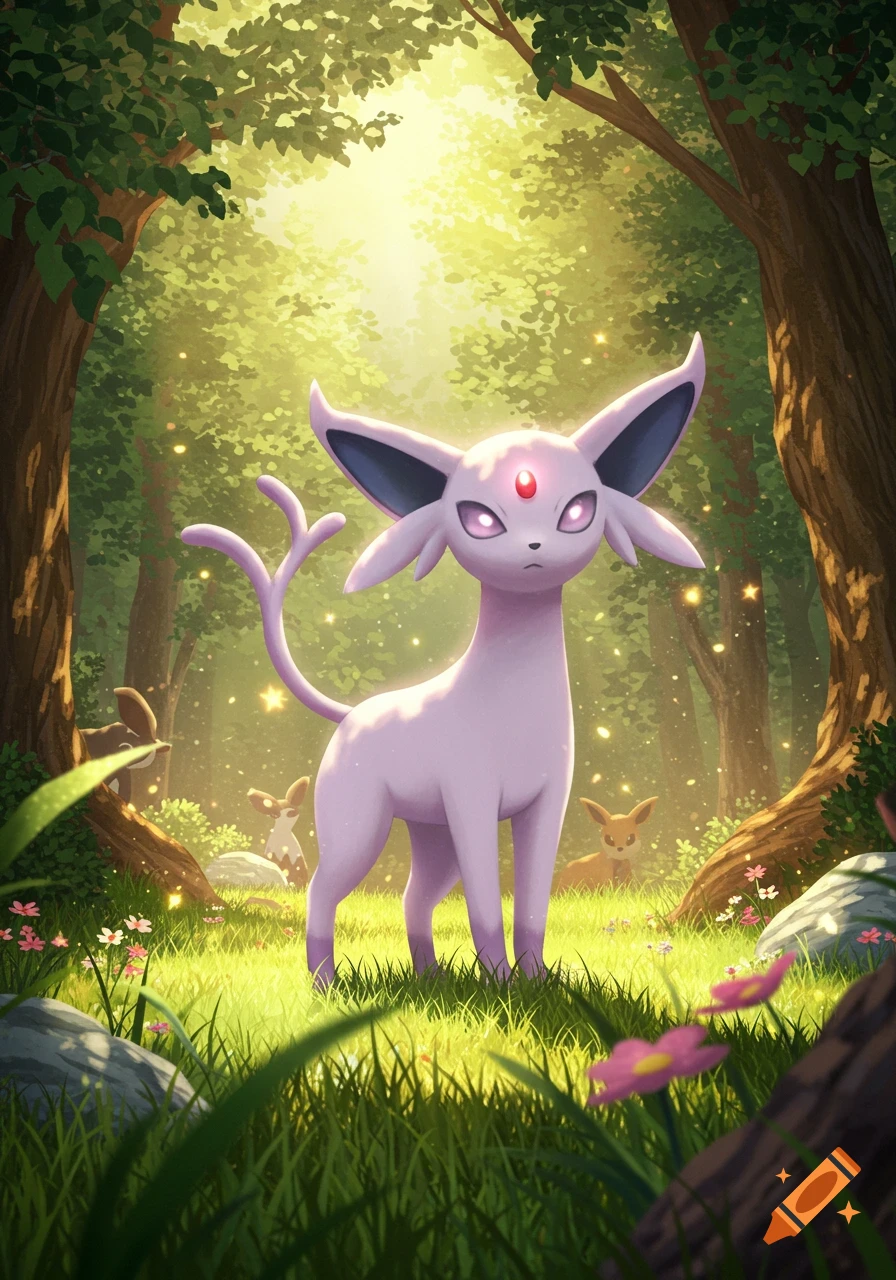 Espeon, a lavender cat-like creature with large ears and glowing eyes, stands in a sunlit fantasy forest.