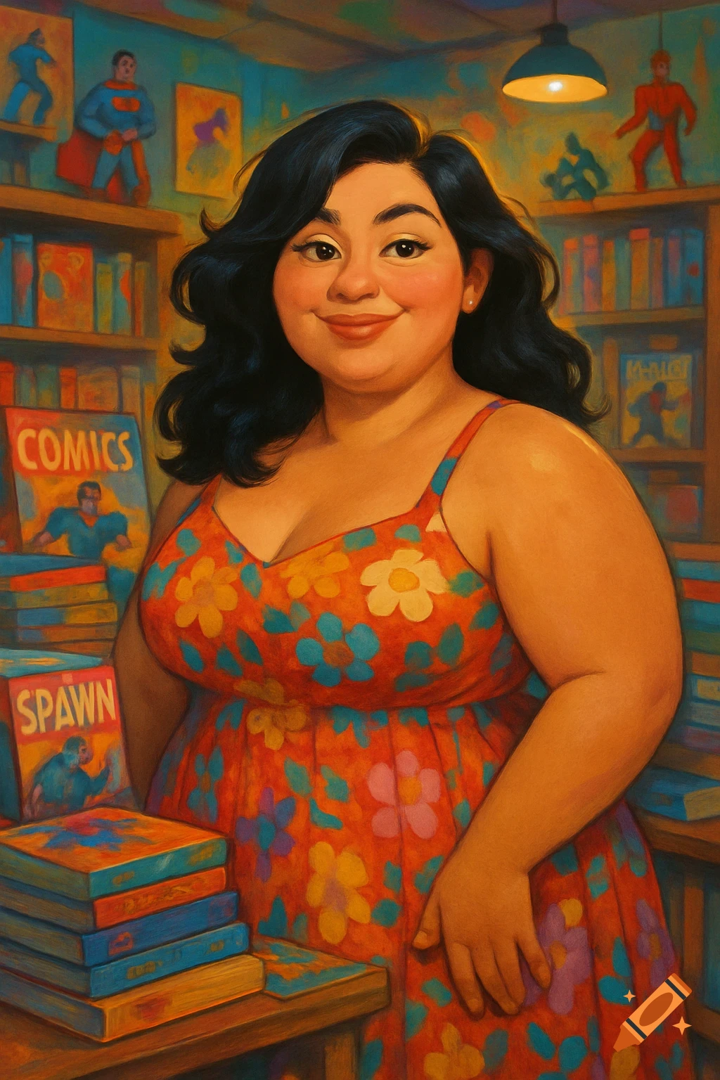 A smiling Latina woman with dark wavy hair in a floral sundress stands in a vibrant comic book store, stacks of comics nearby.