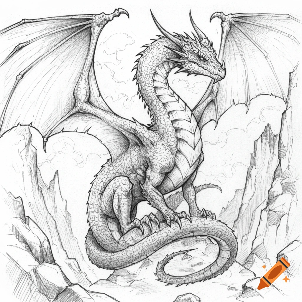 A detailed sketch of a dragon perched on rocky terrain with clouds in the background.