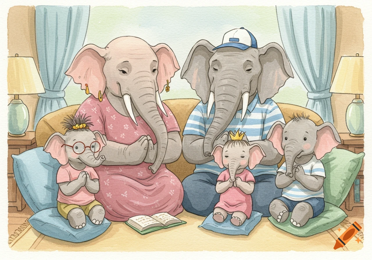 Watercolor illustration of an elephant family praying in their living room, with a mother, father, and three children, including one with glasses and one with a crown.