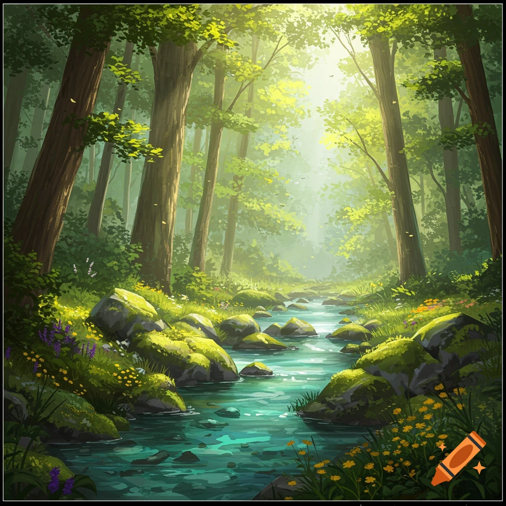 Vibrant illustrative forest scene with a winding stream over mossy rocks and sunlight filtering through tall green trees.