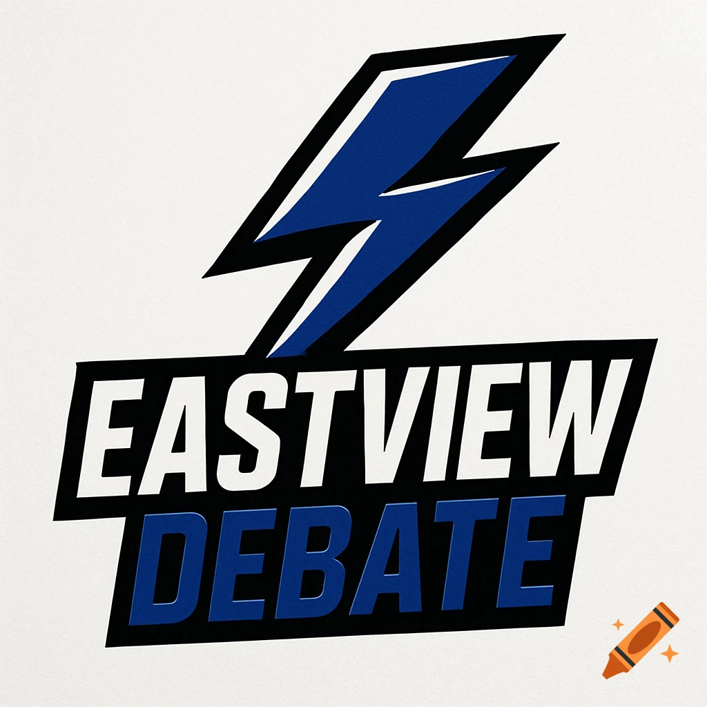 A logo for Eastview Debate with a blue lightning bolt above 'EASTVIEW' in white and 'DEBATE' in blue, all outlined in black.