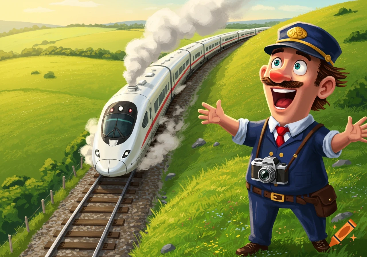 A joyful cartoon man in a train conductor's uniform and cap stands on a green hill with arms outstretched, as a white passenger train moves on tracks behind him.