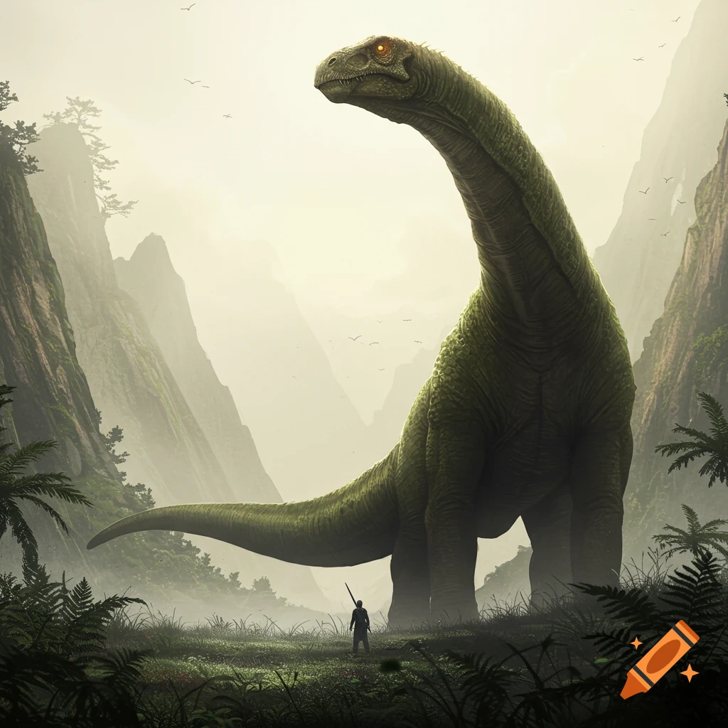 A towering green long-necked dinosaur with glowing eyes overlooks a small human in a misty jungle valley surrounded by mountains.