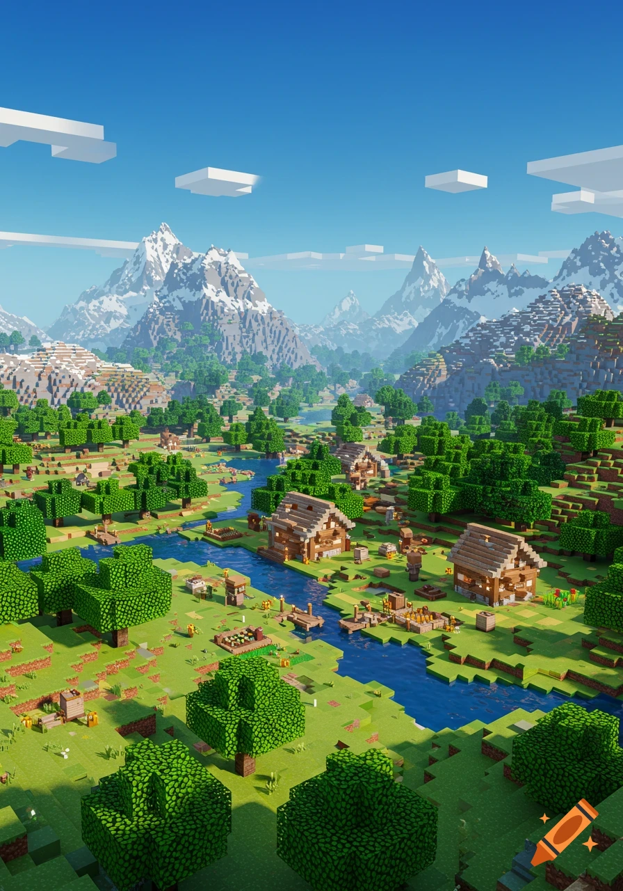 A vibrant Minecraft-style landscape featuring blocky mountains, forests, a winding river, and several small villages under a blue sky.