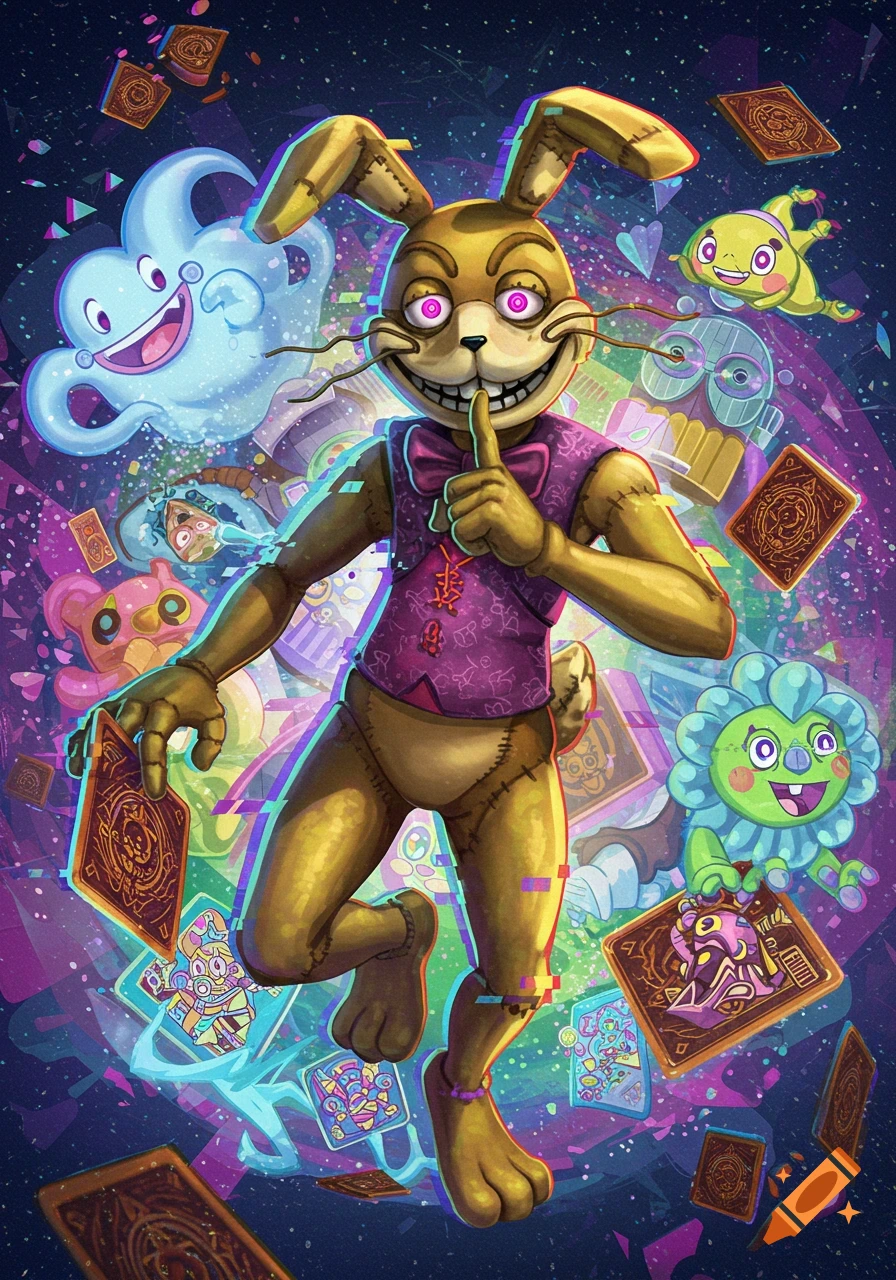 A colorful, stylized illustration of Glitchtrap, a golden rabbit character with glowing pink eyes and a purple vest, leaping while shushing. Floating cards and other cartoon characters surround him in a vibrant, glitchy purple and blue background.