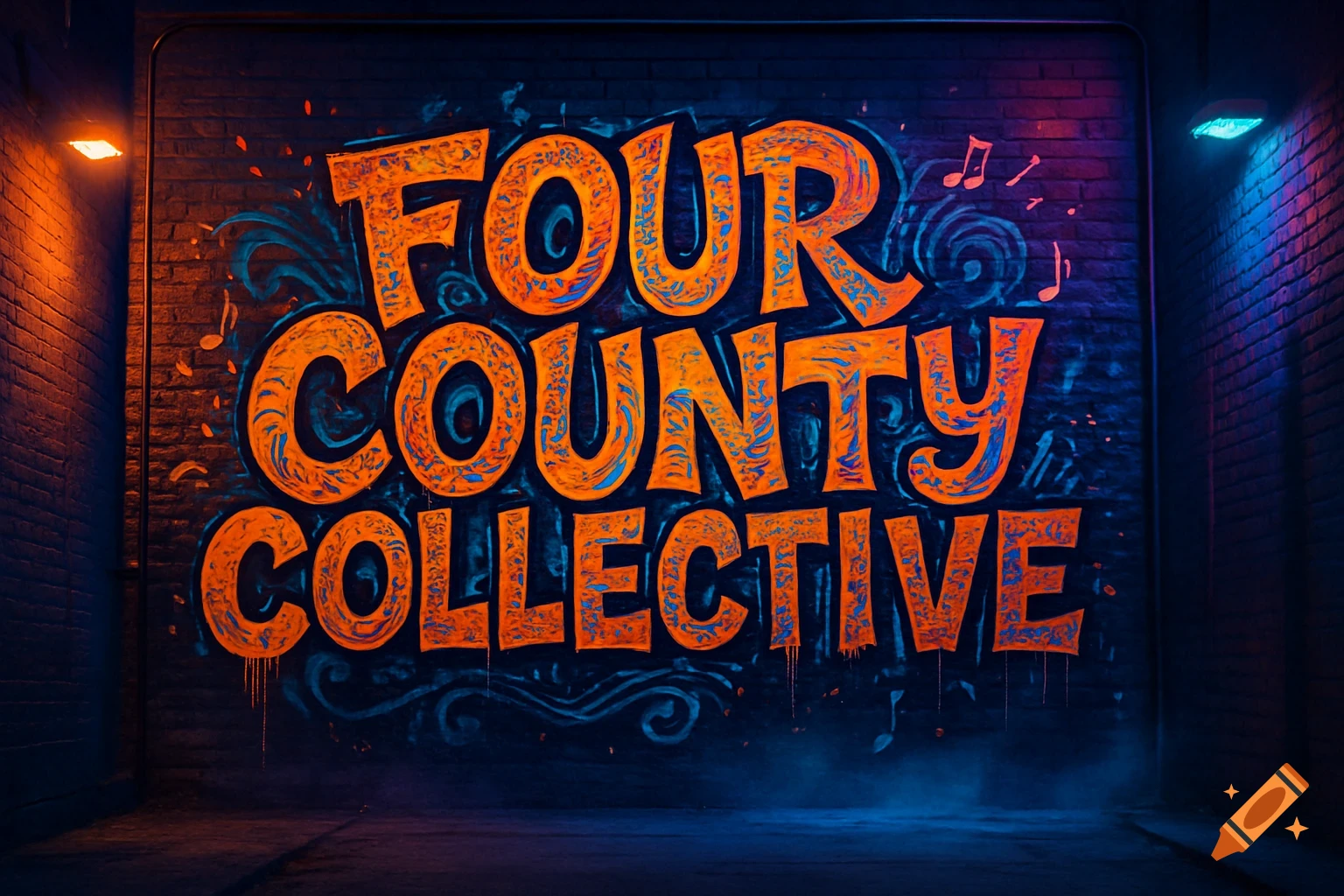 Neon orange graffiti text 'FOUR COUNTY COLLECTIVE' on a dark brick wall under streetlights, with blue accents and musical notes.
