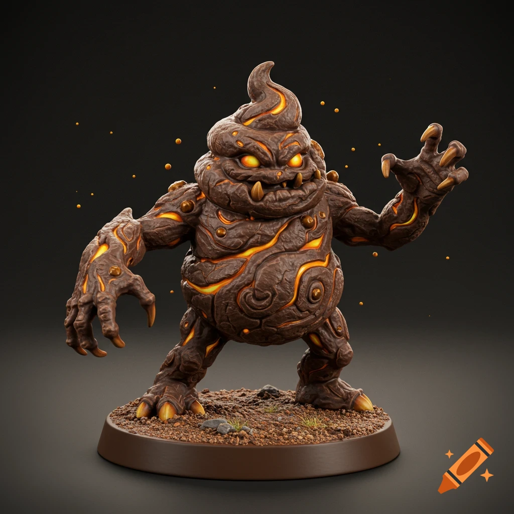 Photorealistic image of a brown poop elemental miniature figurine with glowing orange cracks and a textured base.