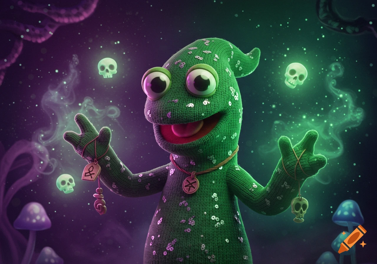 A whimsical green knitted alien puppet with large eyes smiles, surrounded by glowing skulls and green mist in a cosmic, mystical setting.