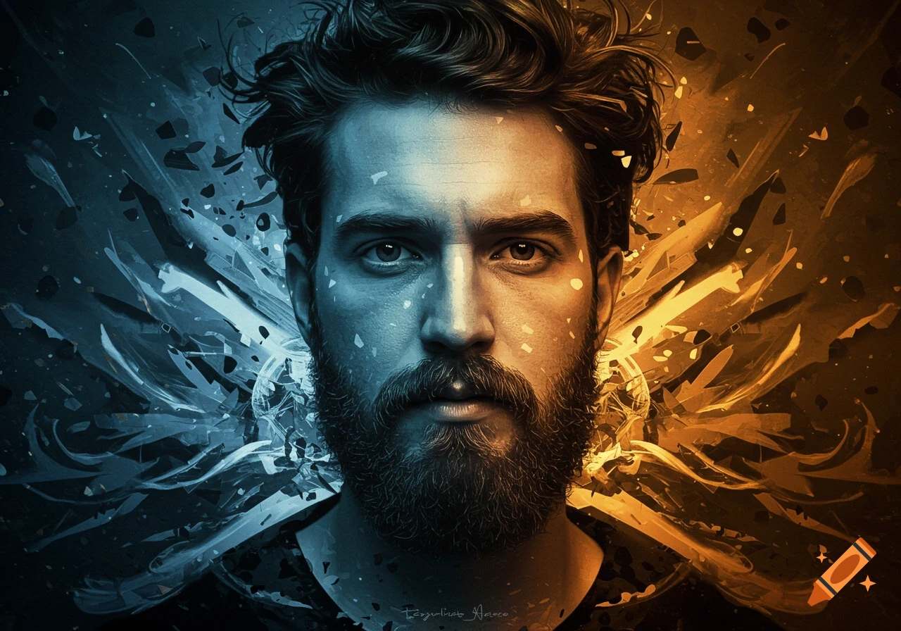 Surreal portrait of a bearded man with his face split between blue and orange light, surrounded by abstract, shattering energy.