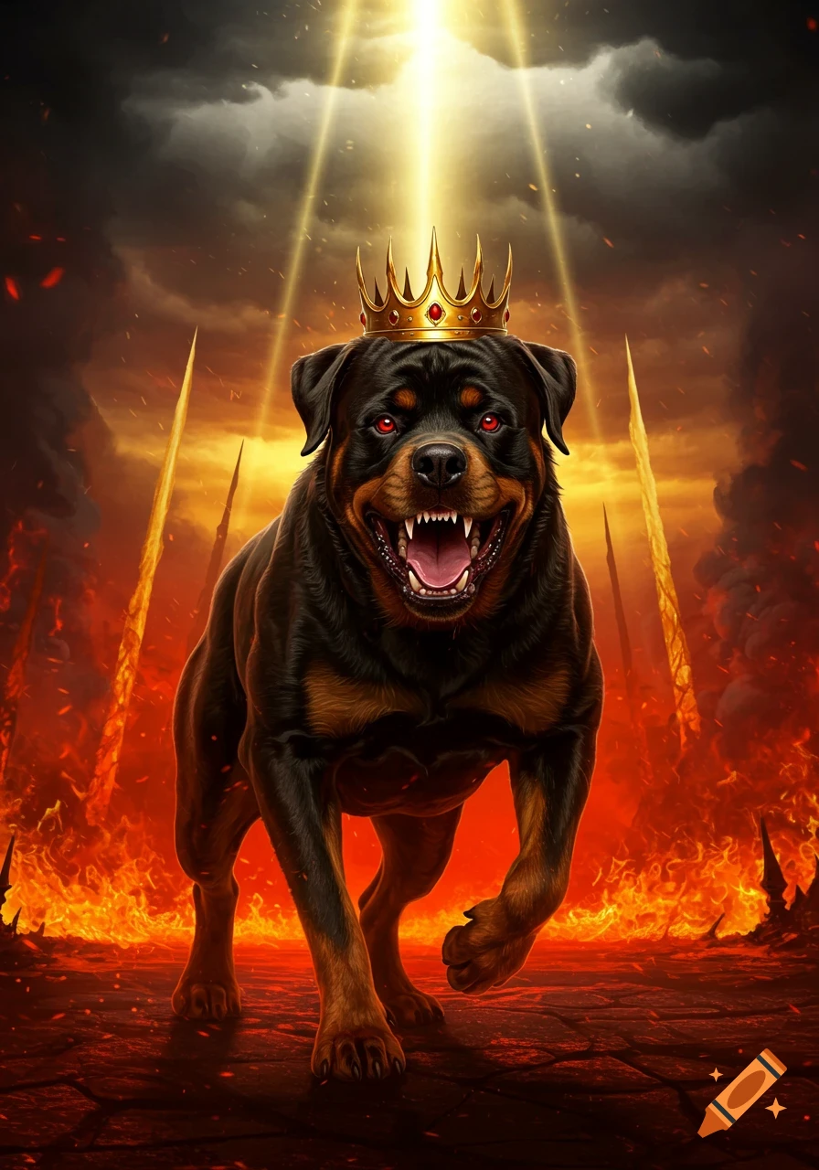 A powerful Rottweiler wearing a golden crown stands in a fiery, hellish landscape with red eyes and bared teeth, under a beam of golden light.