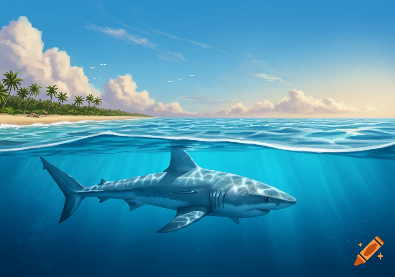 An illustration of a shark swimming in tropical ocean water with a beach and palm trees under a blue sky.