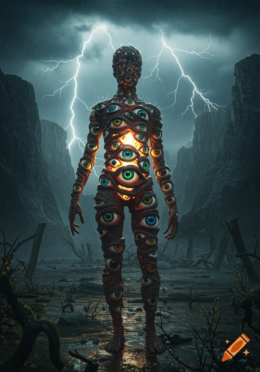 A humanoid figure covered in eyeballs stands in a desolate, rainy landscape with lightning striking.