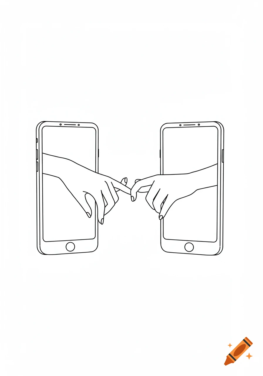 Minimalist black and white line art of two hands reaching out from phone screens, linking pinky fingers.