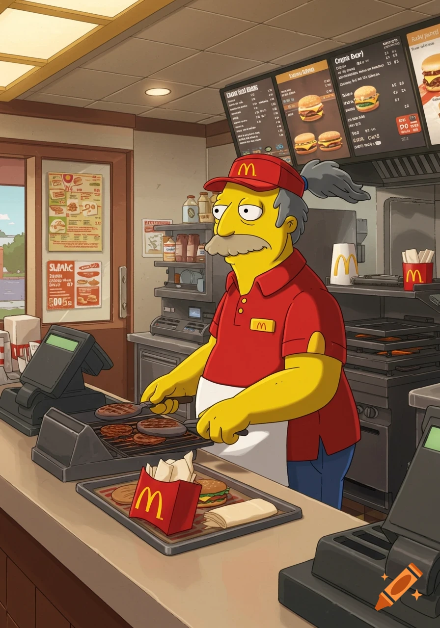 Jeff Albertson from The Simpsons, wearing a McDonald's uniform and cap, works at a McDonald's grill. He is cooking burgers, with french fries and a burger on a tray in the foreground. The image is in a cartoon style.
