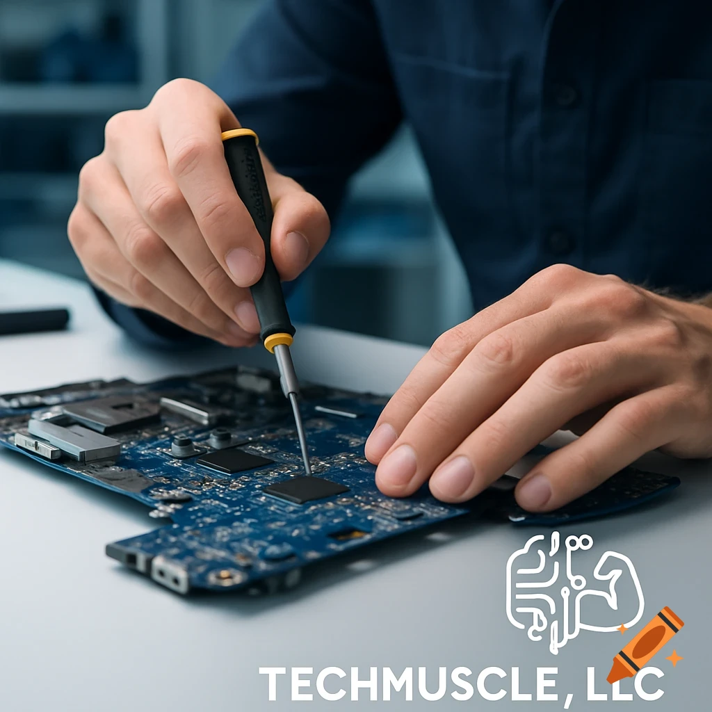 Close-up of a technician's hands using a screwdriver to repair a blue laptop motherboard, with 'TECHMUSCLE, LLC' logo.