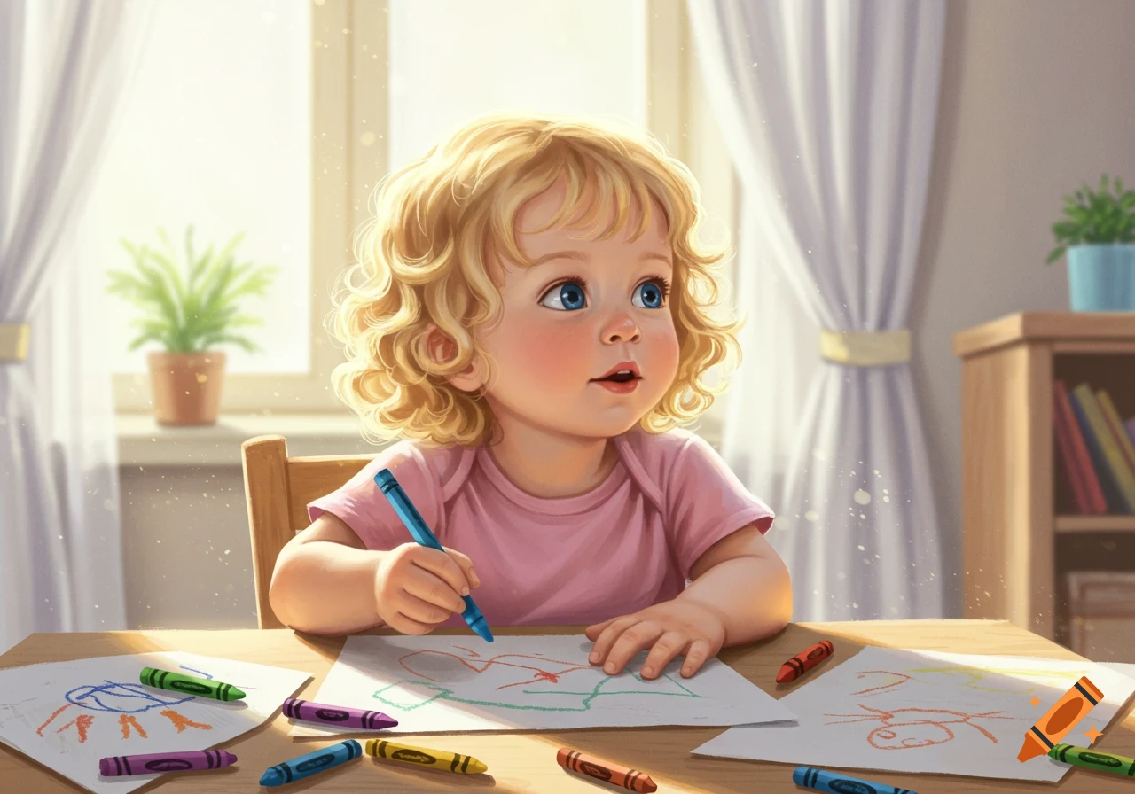 Blonde toddler sitting at a wooden table, drawing with crayons on paper in a sunlit room. Digital painting style.