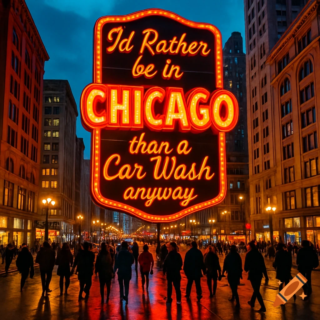 A large, bright neon sign reading "I'd Rather be in CHICAGO than a Car Wash anyway" stands on a wet city street at night with silhouetted people and tall buildings.