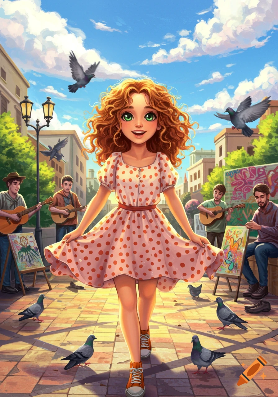 A cheerful cartoon girl with red curly hair walks on a sunny city street among pigeons and street artists.