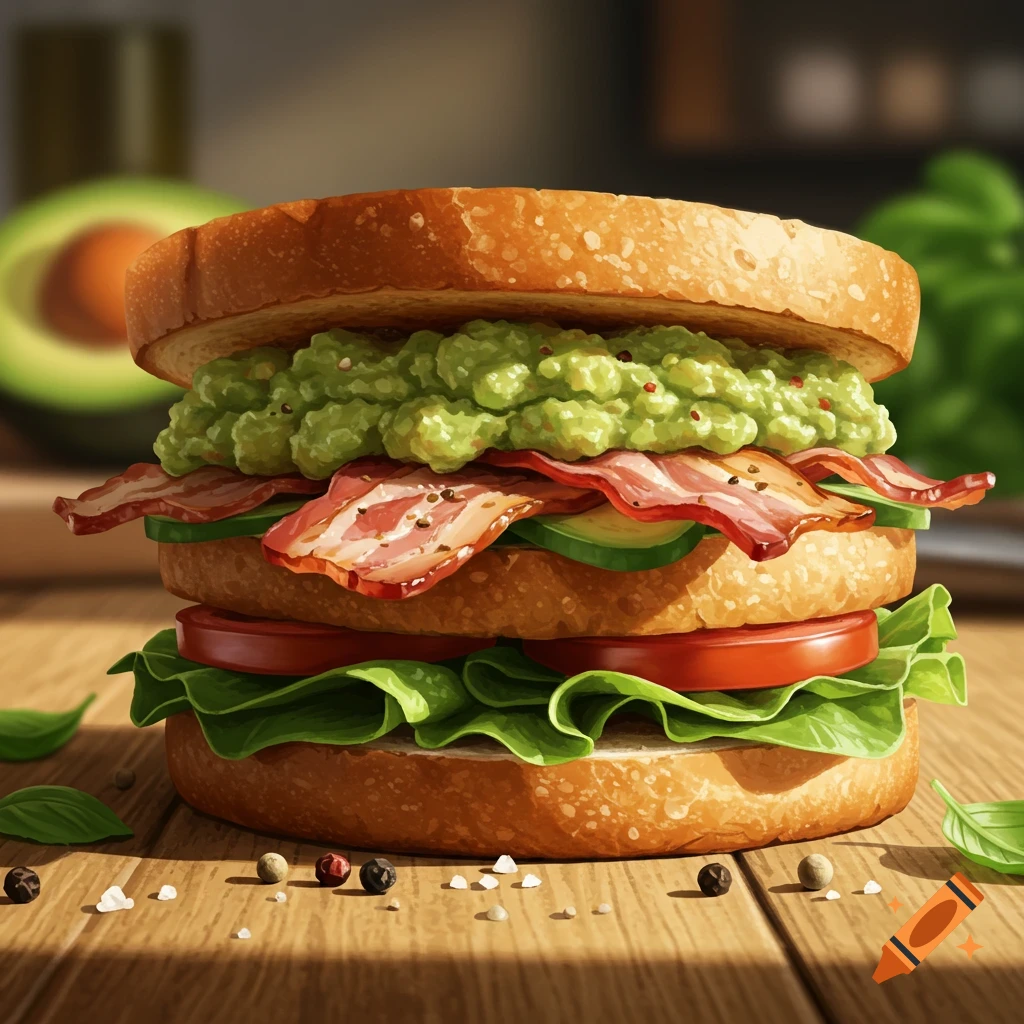 A detailed, photorealistic close-up of a stacked sandwich with guacamole, bacon, lettuce, and tomatoes on toasted bread, on a wooden table.