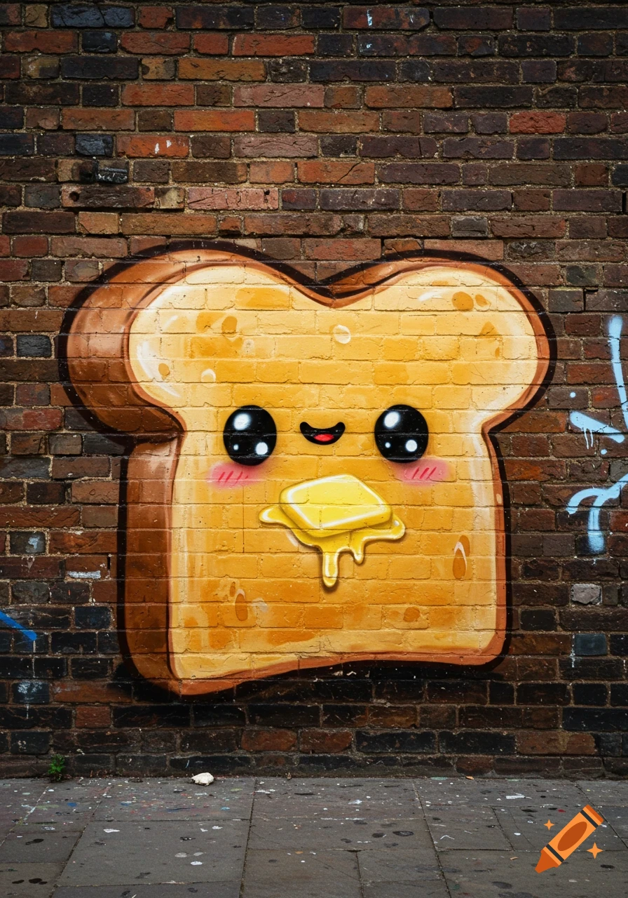 Cartoon graffiti of a happy slice of toast with melting butter on a textured brick wall with faint blue tags.