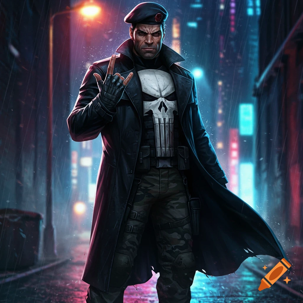 The Punisher in a black coat and beret, making a hand gesture in a rainy cyberpunk city.