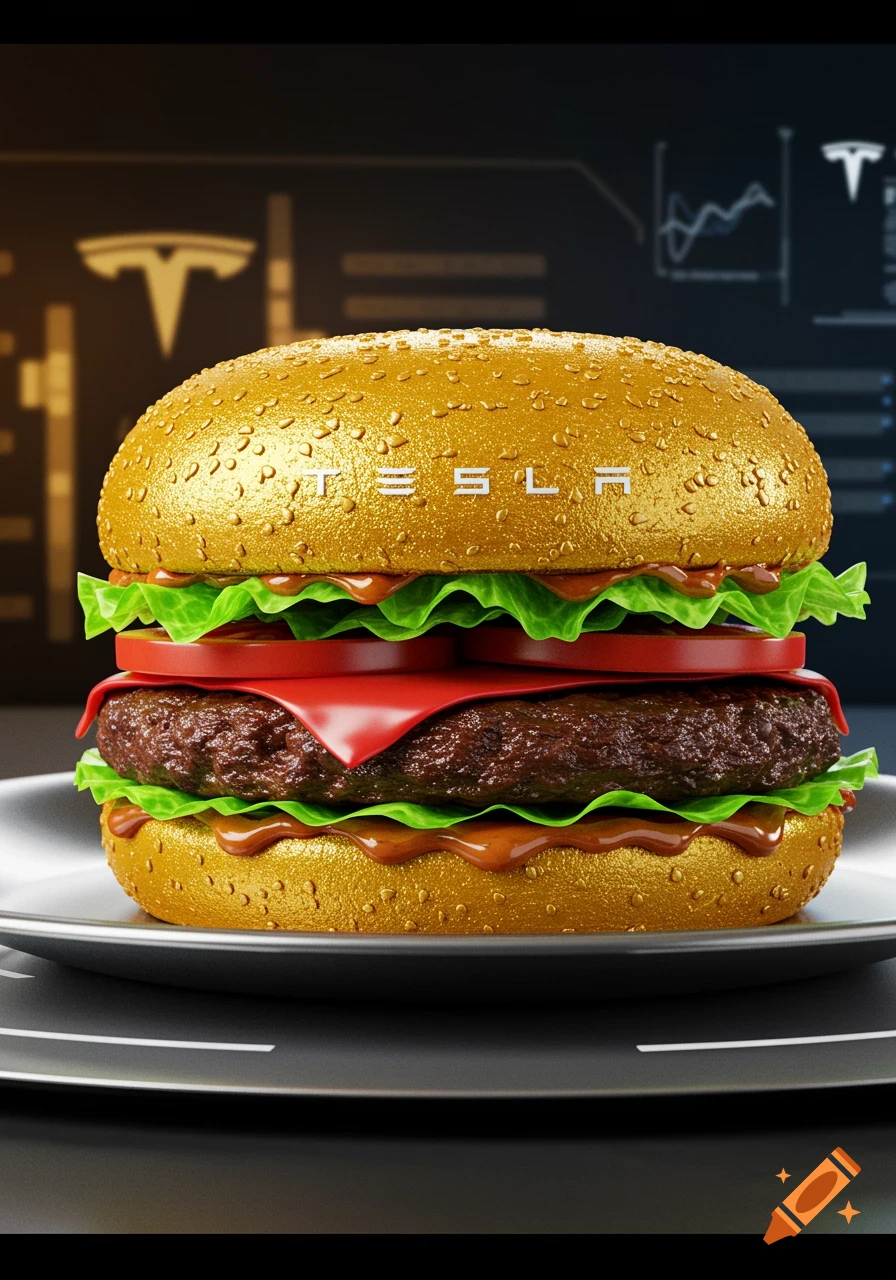 Photorealistic golden burger with lettuce, tomato, and a patty, featuring the TESLA logo on the bun and in the background.