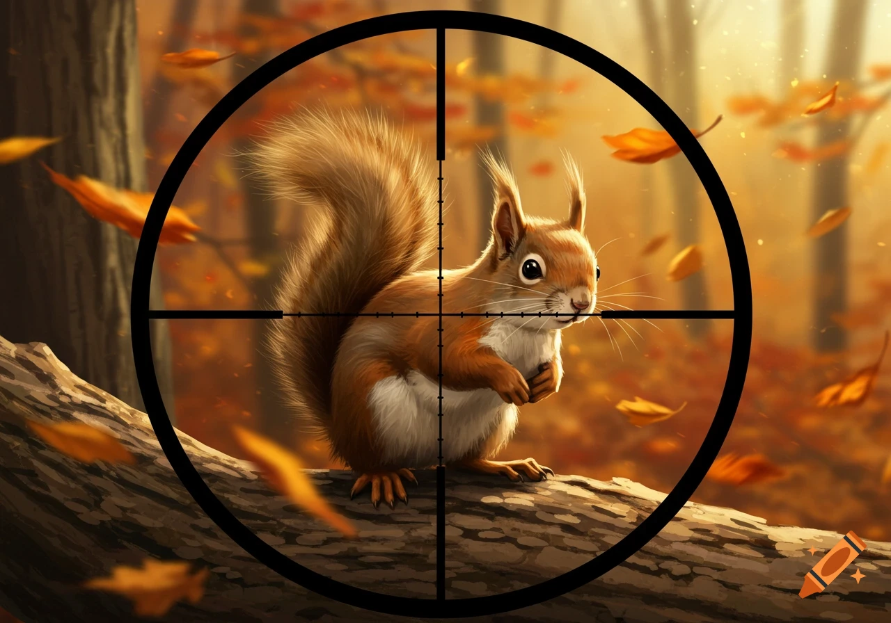 A fluffy brown squirrel stands on a log, centered in the crosshairs of a gun scope, surrounded by falling autumn leaves in a sunlit forest.