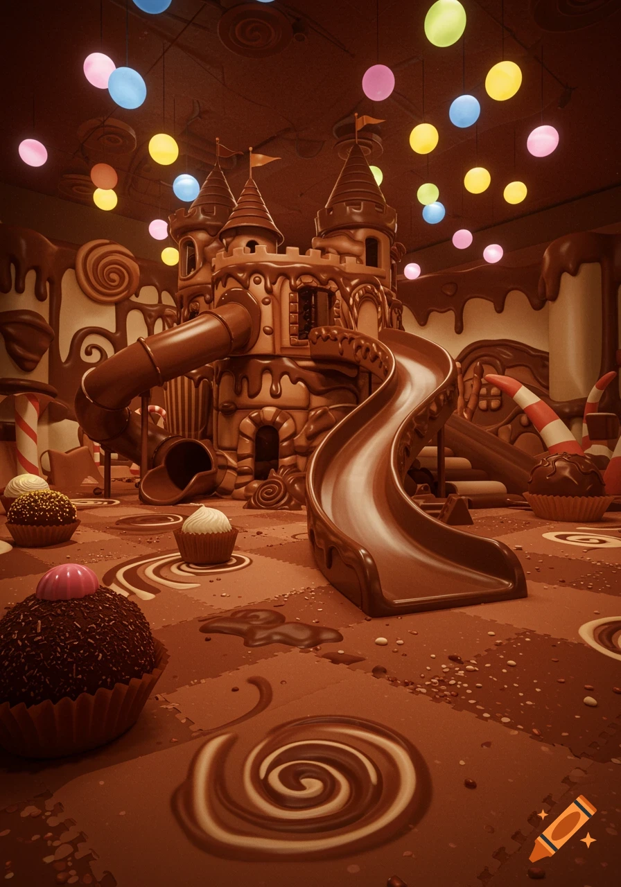 A whimsical chocolate-themed indoor play area featuring a large castle-like structure with slides, giant cupcakes, and colorful hanging lights, creating a dreamlike dessert landscape.