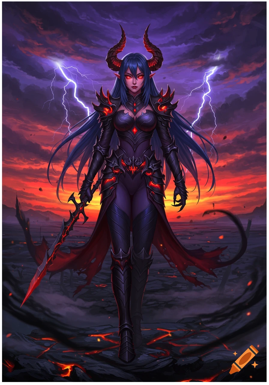 An anime demon lady with blue hair, red horns, and red eyes wears black and red armor, holding a sword in a fiery, stormy landscape with lightning.