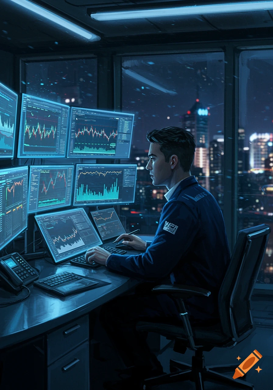 A man in a suit jacket looks at multiple computer monitors displaying stock charts and graphs in a dark office overlooking a city skyline at night.