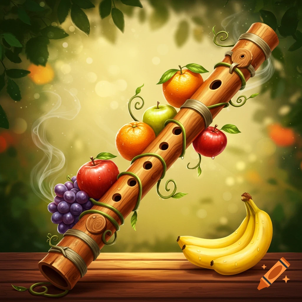 A whimsical wooden flute adorned with various fruits and vines, resting on a wooden table in a green, bokeh-filled natural setting, with bananas nearby.