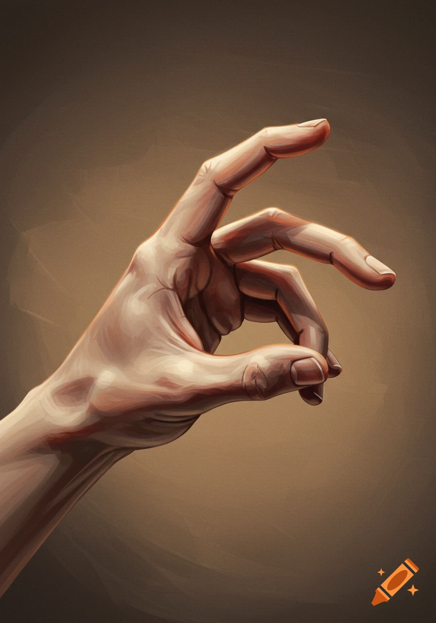 A detailed, stylized illustration of a human hand against a brown background.