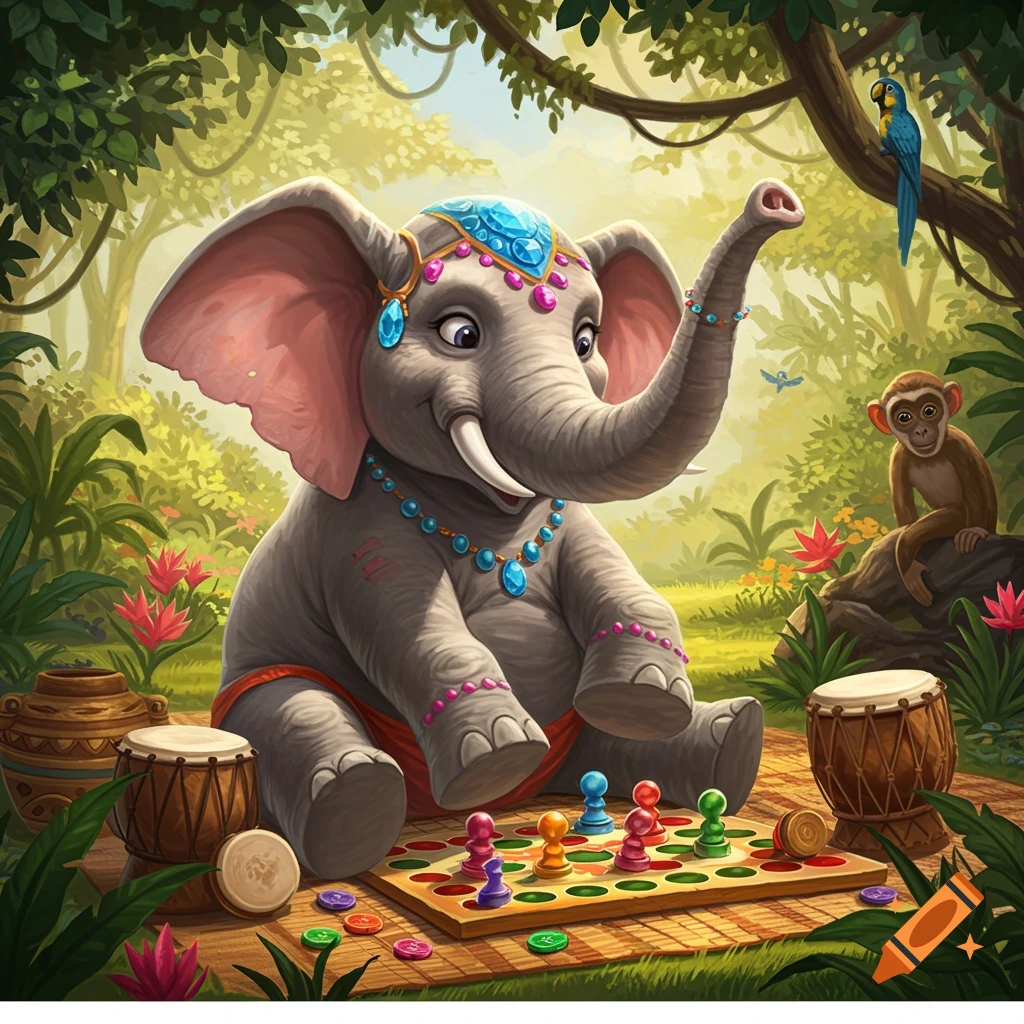A cartoon elephant wearing jewelry plays a board game with colorful pawns in a lush jungle, with drums, a monkey, and a parrot nearby.