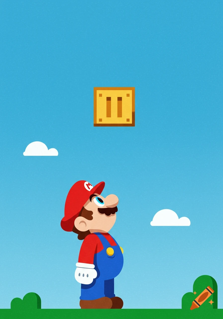 A stylized cartoon of Mario looking up at a pixelated coin block floating in a bright blue sky above a green landscape.