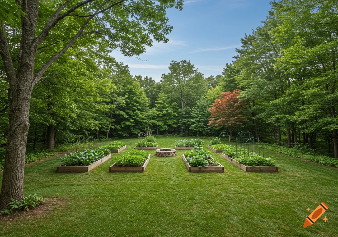 A lush green backyard featuring several rectangular raised garden beds with healthy plants, a stone fire pit in the center, and surrounded by dense green forest trees under a blue sky.
