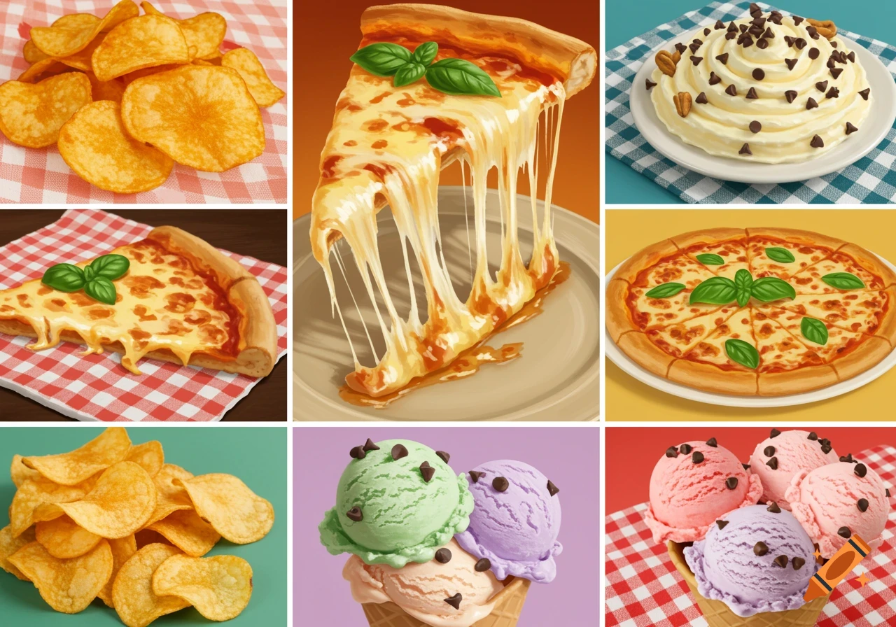 A grid of nine panels displaying various food items, including potato chips, slices of pizza with melting cheese, full pizzas, whipped cream desserts with chocolate chips, and ice cream scoops in cones. The images are rendered in a vibrant, illustrative style.