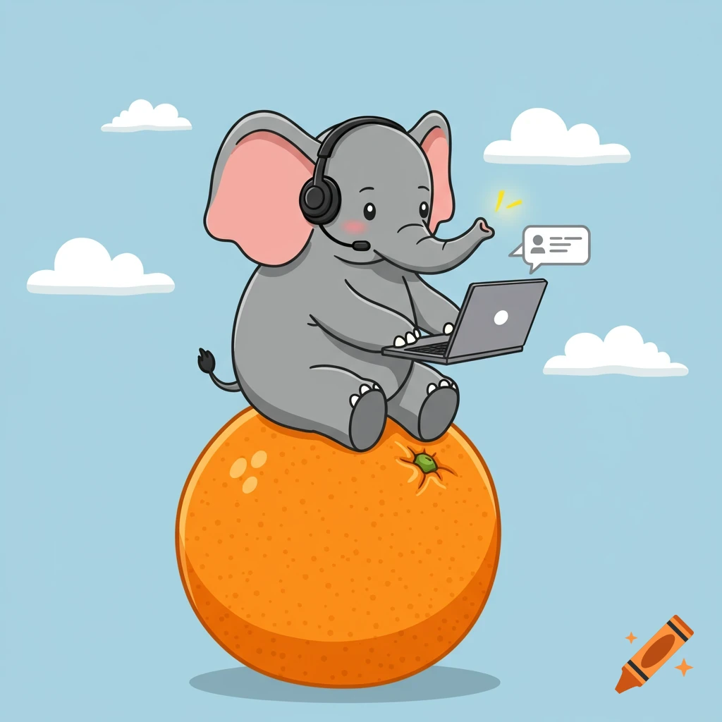 Cartoon grey elephant with an office headset uses a laptop, sitting on a large orange citrus fruit under a blue sky.