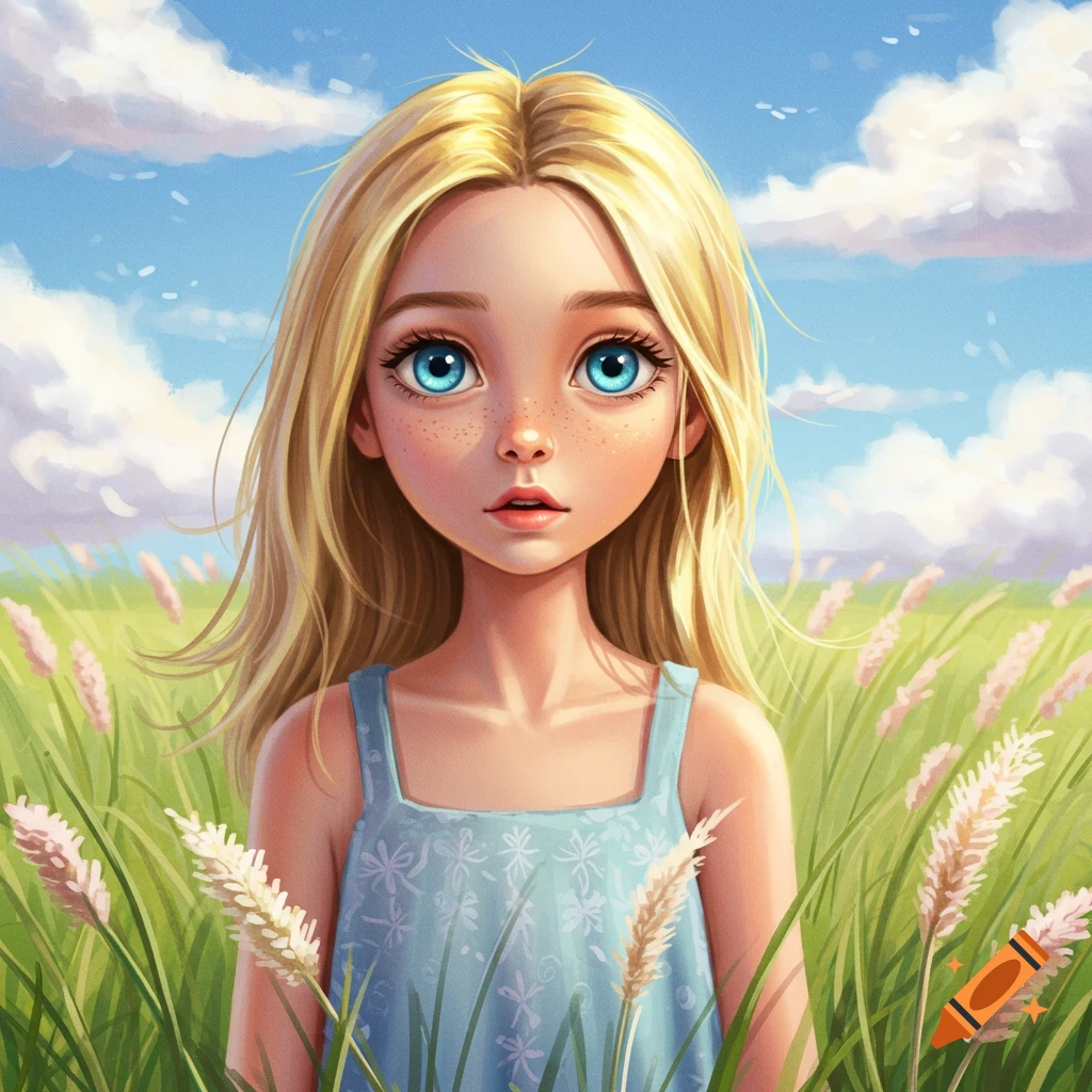 Blonde cartoon girl with big blue eyes and freckles in a grassy field under a bright blue sky, digital illustration.
