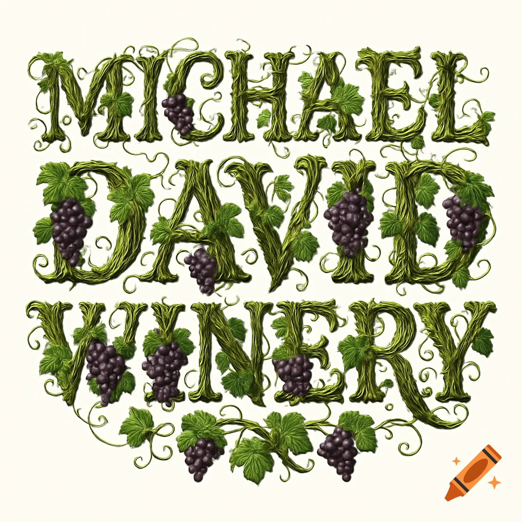 The words 'Michael David Winery' intricately formed by green grape vines and purple grape clusters against a plain background.