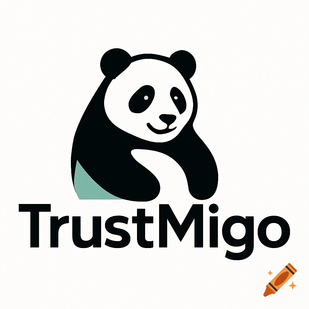 A minimalist logo featuring a smiling black and white panda with a green accent on its left arm, sitting above the bold black text 'TrustMigo'.
