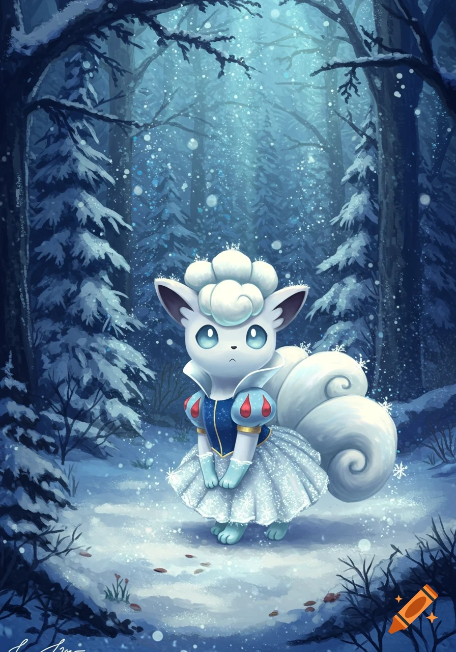 Alolan Vulpix wearing a blue and white Snow White-style dress in a snowy winter forest.