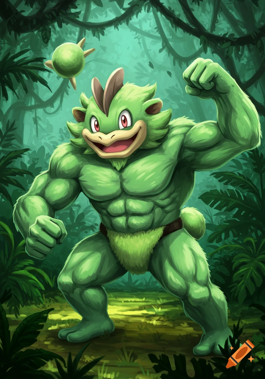 A muscular green Rillaboom and Machamp Pokemon fusion flexing its bicep in a jungle, with a smaller creature floating nearby.