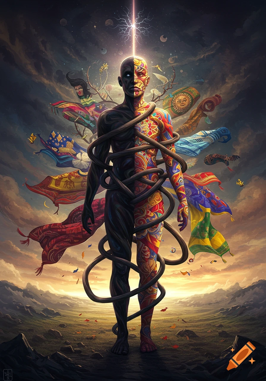 A split figure, half dark, half colorful patterns, stands in a surreal landscape with a light beam overhead and floating patterned tapestries.